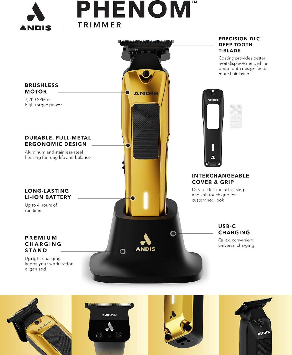 Andis 562310 Phenom Professional Cord/Cordless Beard & Hair Trimmer, Gold