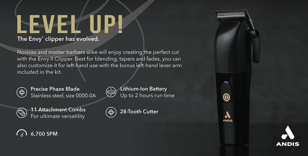 Andis Envy II Cordless Clipper Premium Edition, Phaze Blade, Gold, Lithium