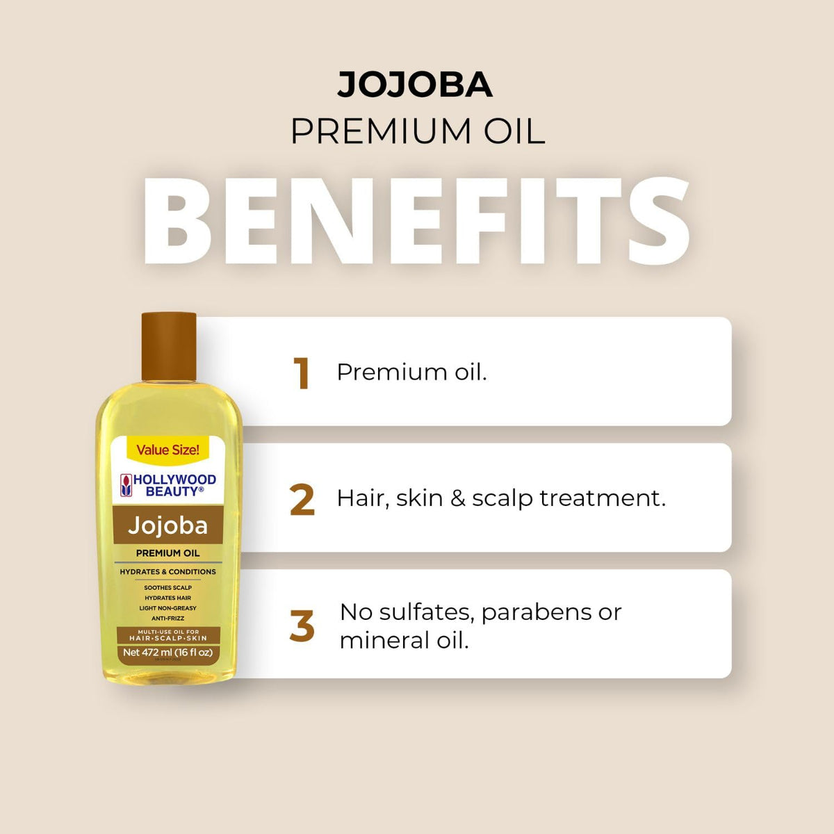 Hollywood Beauty Jojoba Oil for Hair, Scalp, and Skin, VALUE SIZE 16 fl oz - Hydrates and Conditions