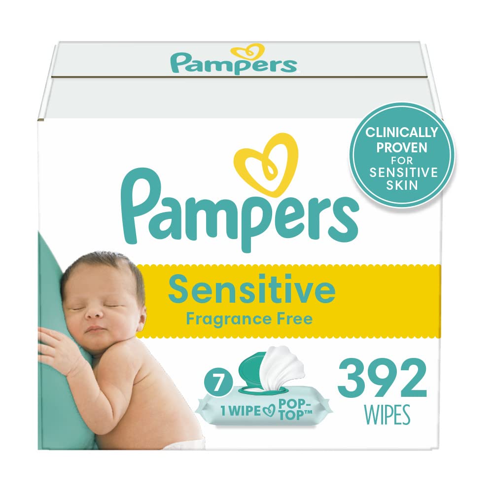 Pampers Sensitive Baby Wipes, Clinically Proven, Fragrance Free, Unscented, Water Based, Hypoallergenic, Multi-Use, Hand Wipes 1008 Wipes Total (18X Flip-Top Packs) [Packaging May Vary]