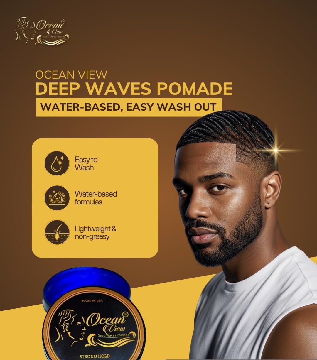 OCEAN VIEW DEEP WAVES POMADE- Water-Based Hair Cream for 360 Wave Training and Wolfing- Silky Smooth Application and Styling, Strong Hold, Easy Wash- Waver and Barber Accessories - 4oz Tin Can