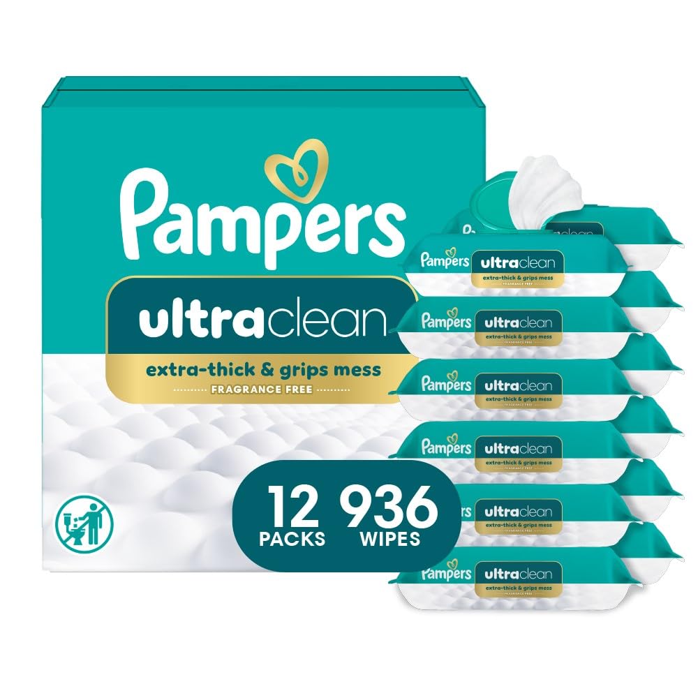 Pampers Ultraclean Baby Wipes (Previously 'Free & Gentle'), 99% Water, Hypoallergenic, Unscented, 100% Plant Based, Plastic-Free, 936 Wipes Total (12X Flip-Top Packs)