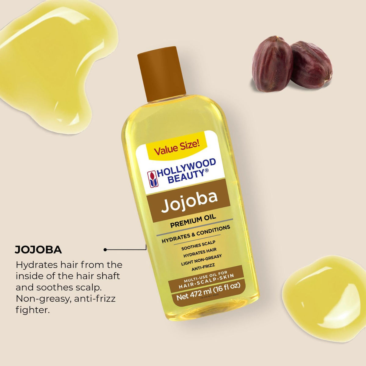 Hollywood Beauty Jojoba Oil for Hair, Scalp, and Skin, VALUE SIZE 16 fl oz - Hydrates and Conditions
