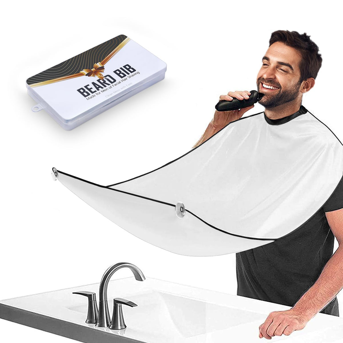 Beard Bib for Men, Shaving Hair Catcher Apron with Suction Cups, White