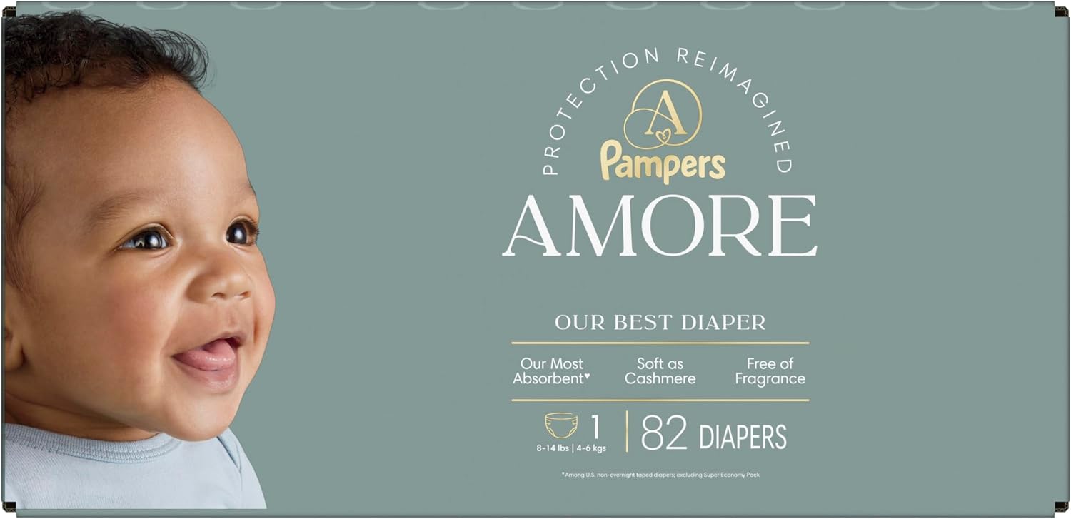 Pampers Amore, Size 4 (15-34 lbs), 150 Count, Our Best Diaper – Hypoallergenic & Fragrance Free, Up to 100% Leakproof, Soft as Cashmere