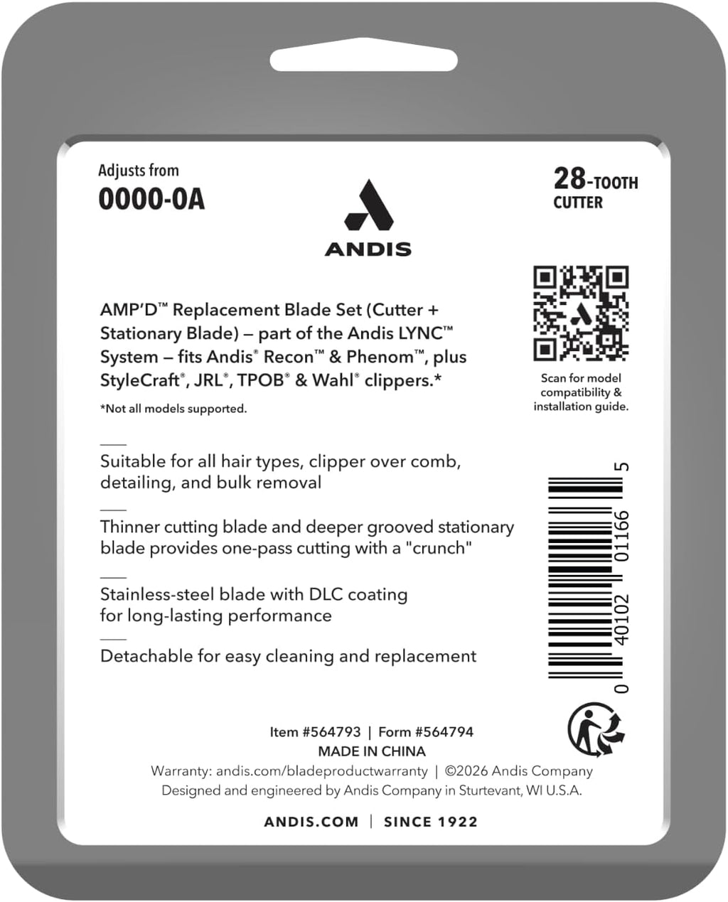 Andis Recon Professional Barber Vector Motor Hair Clipper, Phaze Blade | 9,000 SPM cordless motor, adjusts 0000-0A, 4-hr runtime, USB-C, professional cordless hair clipper