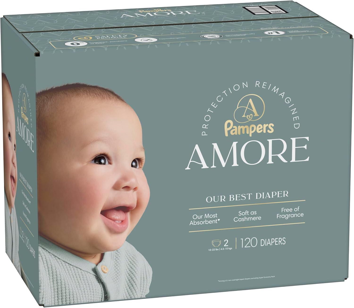 Pampers Amore, Size 4 (15-34 lbs), 150 Count, Our Best Diaper – Hypoallergenic & Fragrance Free, Up to 100% Leakproof, Soft as Cashmere