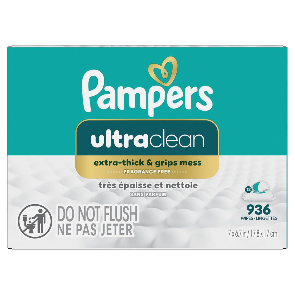 Pampers Ultraclean Baby Wipes (Previously 'Free & Gentle'), 99% Water, Hypoallergenic, Unscented, 100% Plant Based, Plastic-Free, 936 Wipes Total (12X Flip-Top Packs)