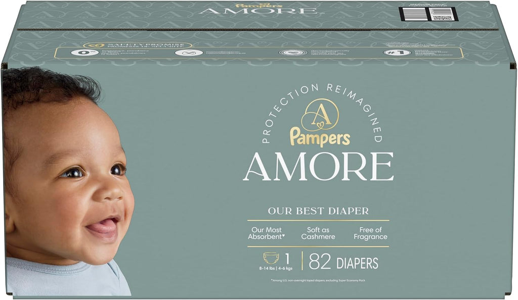 Pampers Amore, Size 4 (15-34 lbs), 150 Count, Our Best Diaper – Hypoallergenic & Fragrance Free, Up to 100% Leakproof, Soft as Cashmere