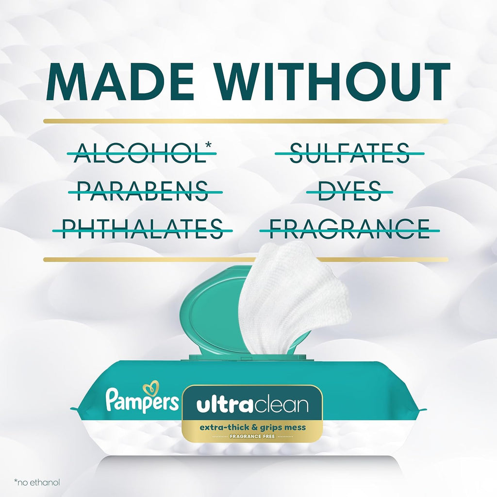Pampers Ultraclean Baby Wipes (Previously 'Free & Gentle'), 99% Water, Hypoallergenic, Unscented, 100% Plant Based, Plastic-Free, 936 Wipes Total (12X Flip-Top Packs)