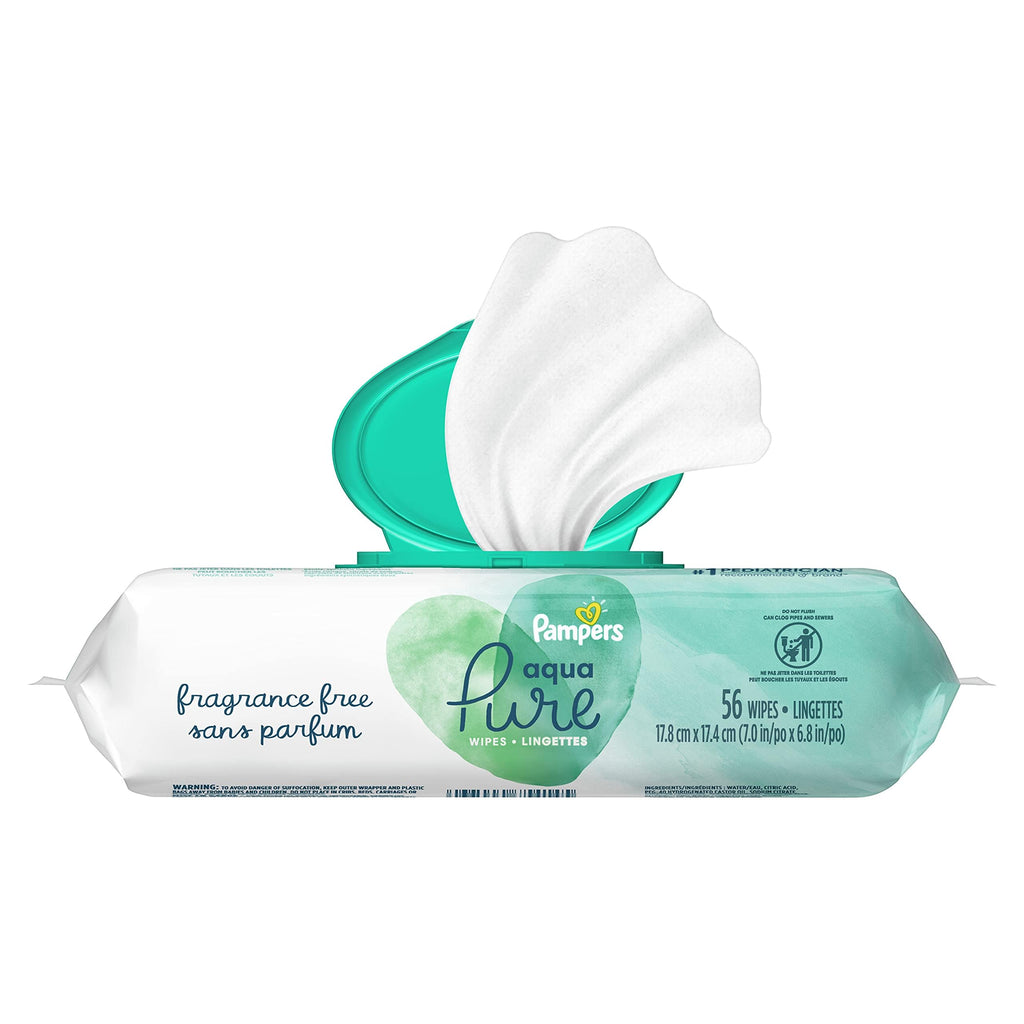 Pampers Aqua Pure Baby Wipes, 99% Water, Fragrance Free, Unscented, Water Based, Multi-Use, 896 Wipes Total (16X Flip-Top Packs) [Packaging May Vary]