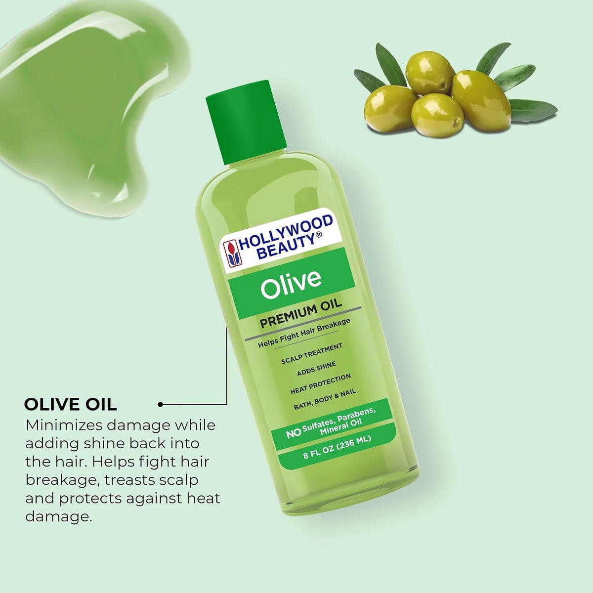 Hollywood Beauty Olive Hair Oil, 8oz Bottle, Also for Bath, Body and Nails, Fights hair breakage, Hair treatment, Adds shine, Heat Protection