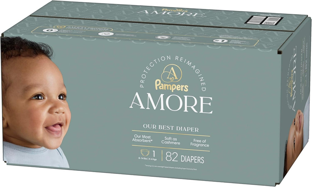 Pampers Amore, Size 4 (15-34 lbs), 150 Count, Our Best Diaper – Hypoallergenic & Fragrance Free, Up to 100% Leakproof, Soft as Cashmere