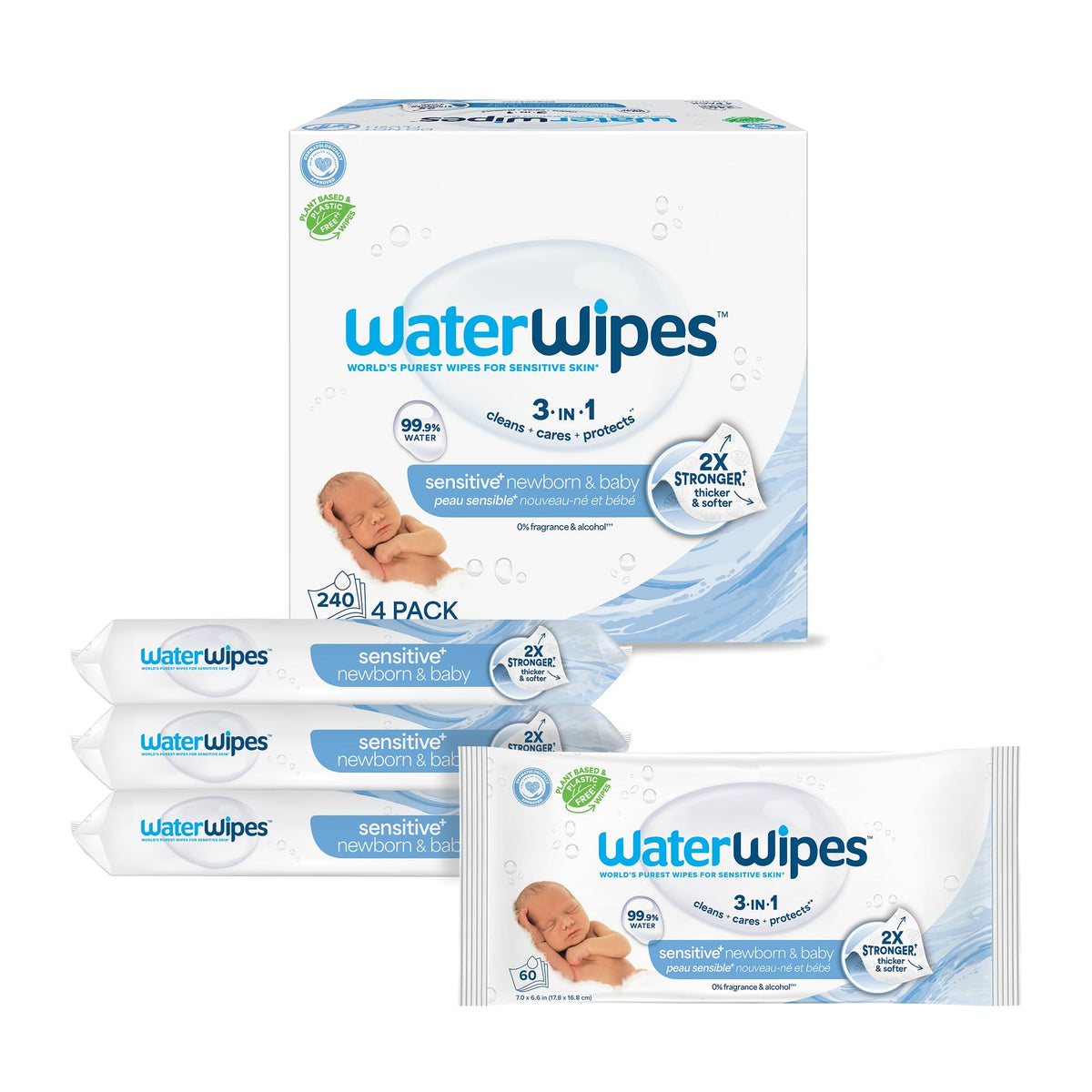 WaterWipes Sensitive+ Newborn & Baby Wipes, 3-In-1 Cleans, Cares, Protects, 99.9% Water, Unscented & Hypoallergenic, 720 Count (12 Packs)