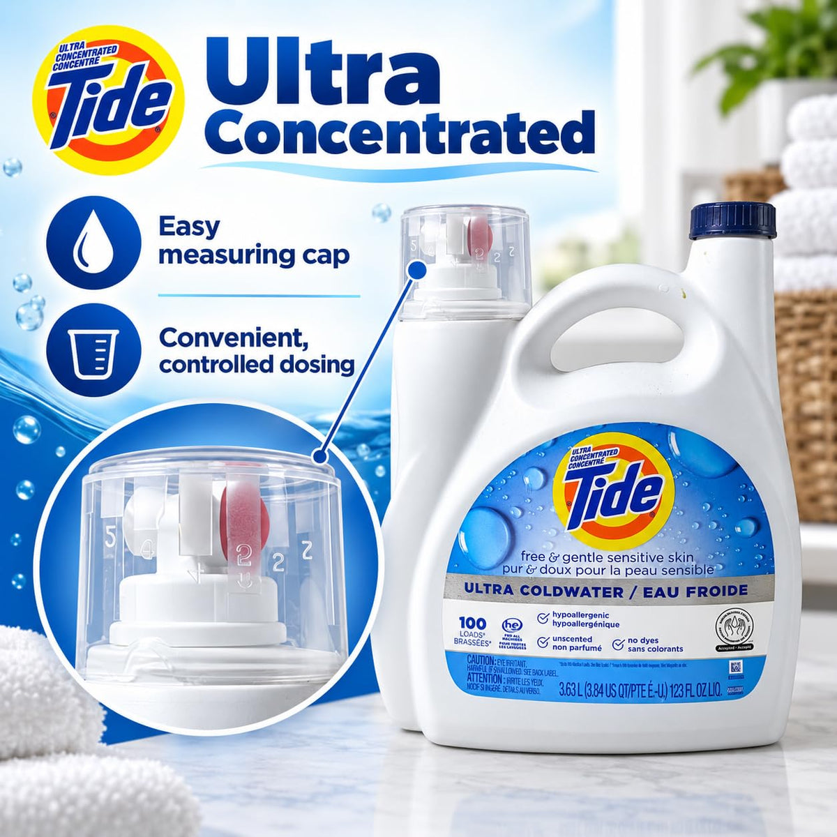 Tide Free & Gentle Liquid Laundry Detergent, 100 Loads, 132 fl oz, Tide Laundry Detergent, Clean Laundry Detergent