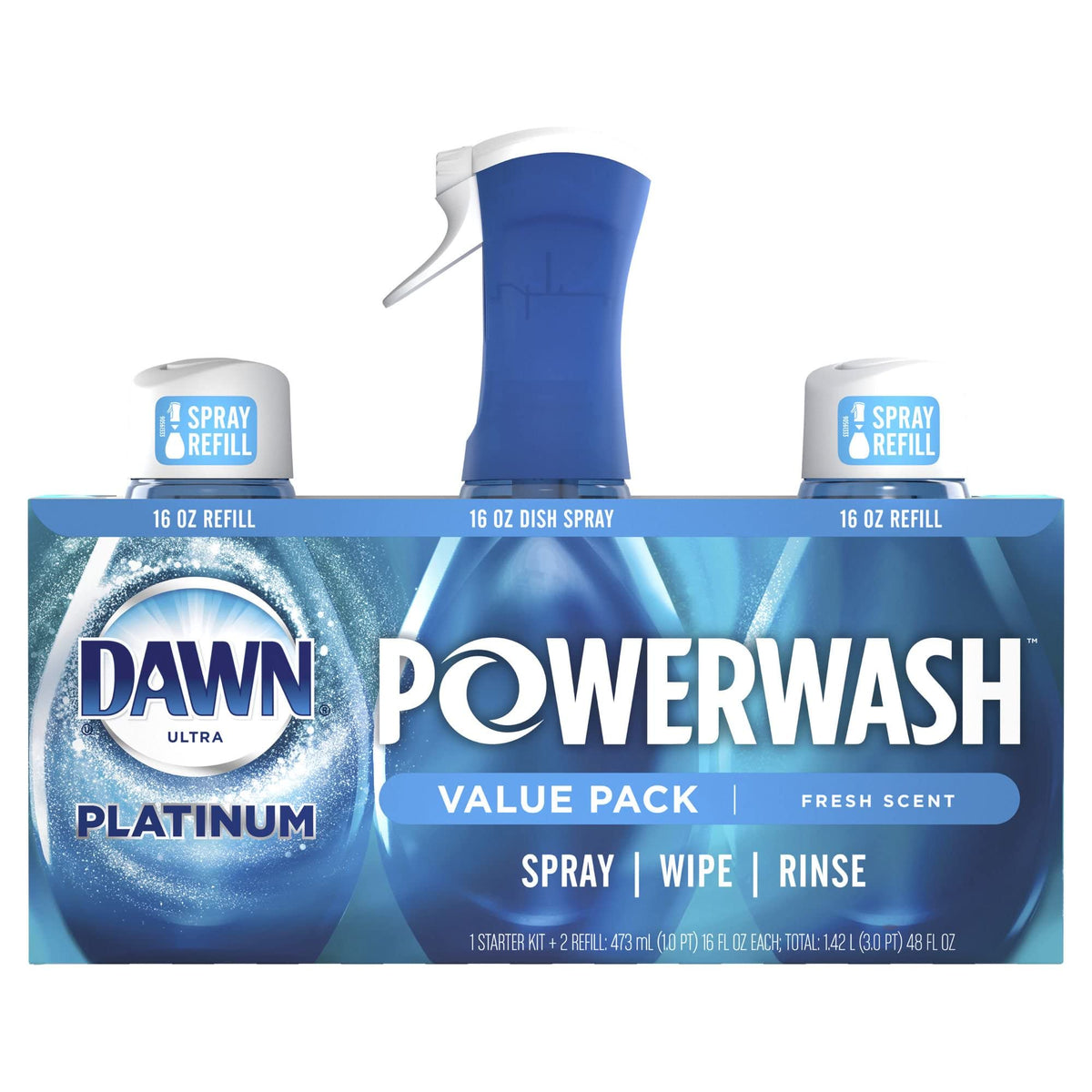 Dawn Powerwash Spray, Dish Soap, Dishwashing Liquid, Fresh, 1 Starter Kit + 3 Refills, 4x16 Fl Oz