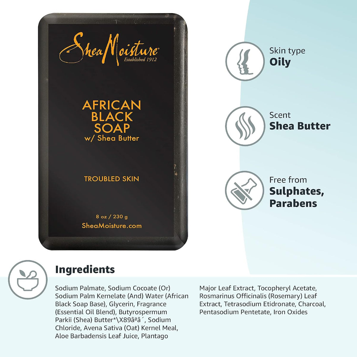 SheaMoisture Bar Soap for Troubled Skin African Black Soap Cleanser with Shea Butter 8 oz