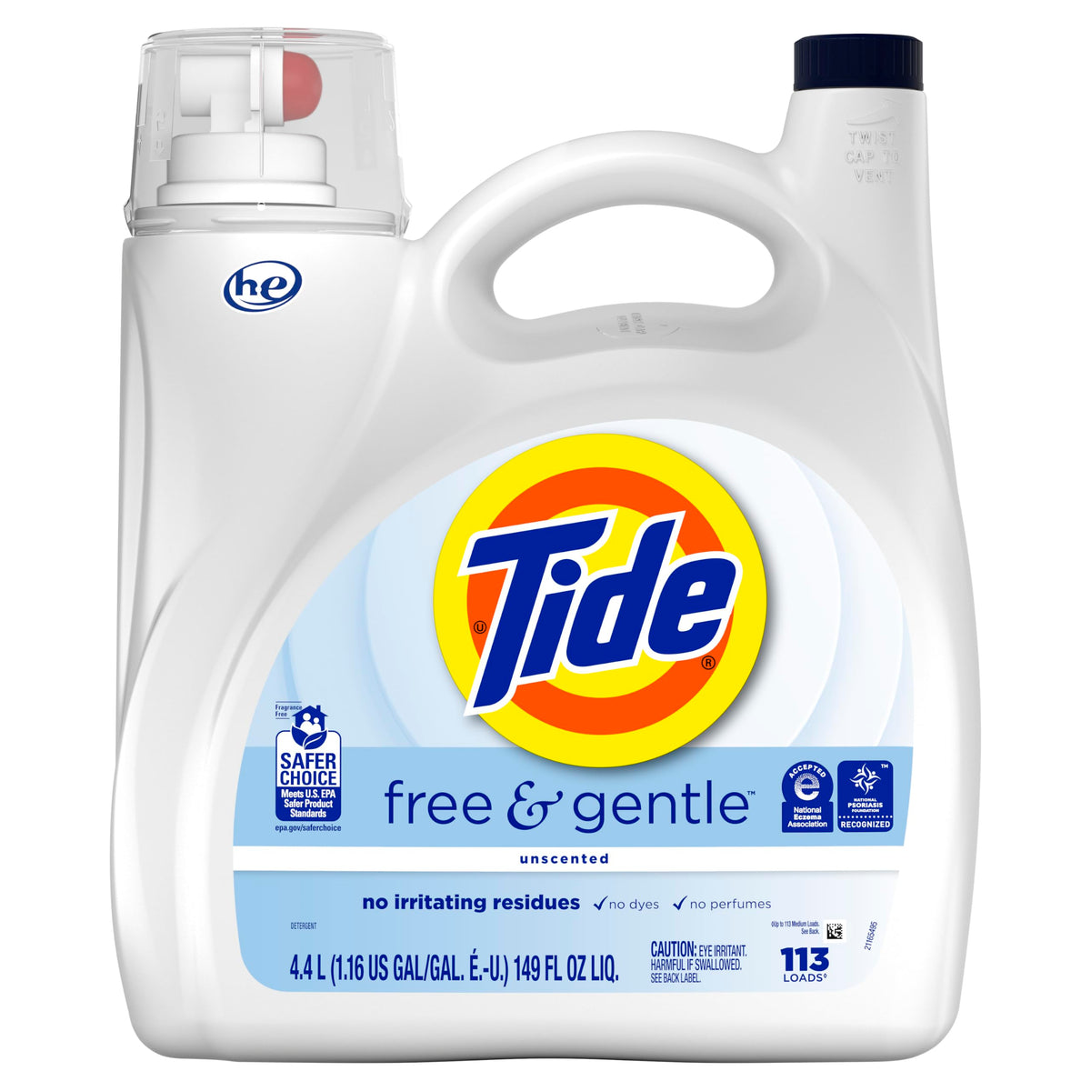 Tide Free & Gentle Liquid Laundry Detergent, 100 Loads, 132 fl oz, Tide Laundry Detergent, Clean Laundry Detergent