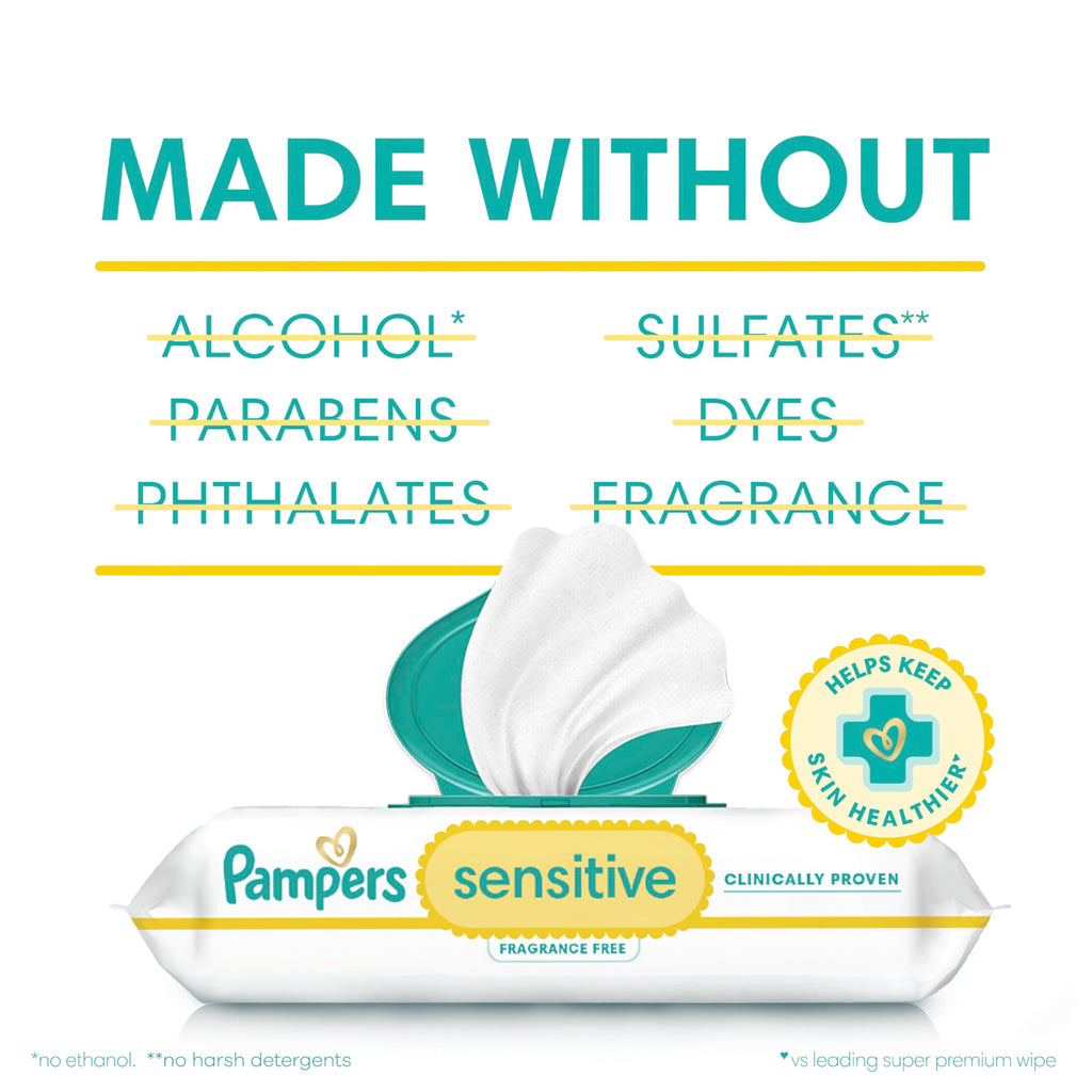 Pampers Sensitive Baby Wipes, Clinically Proven, Fragrance Free, Unscented, Water Based, Hypoallergenic, Multi-Use, Hand Wipes 1008 Wipes Total (18X Flip-Top Packs) [Packaging May Vary]