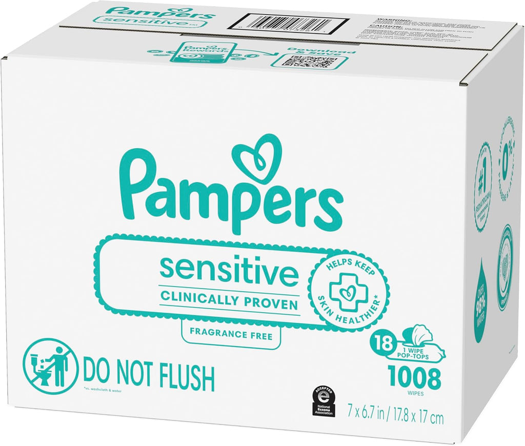 Pampers Sensitive Baby Wipes, Clinically Proven, Fragrance Free, Unscented, Water Based, Hypoallergenic, Multi-Use, Hand Wipes 1008 Wipes Total (18X Flip-Top Packs) [Packaging May Vary]