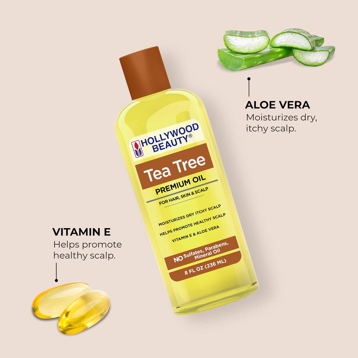 Hollywood Beauty Tea Tree Oil for Hair, Scalp, and Skin, 16 fl oz - Moisturizes Dry, Itchy Scalp, Blended with Vitamin E & Aloe