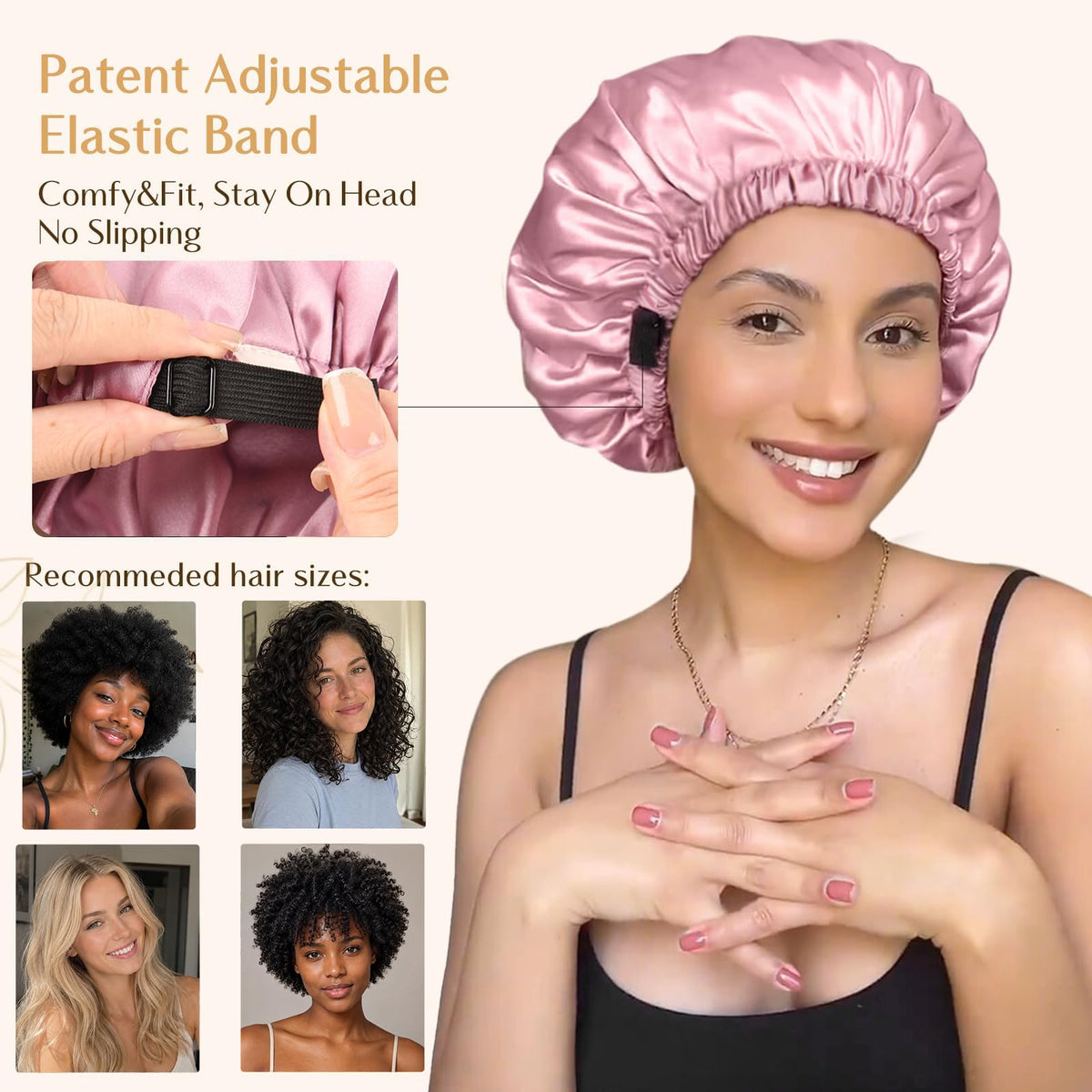 YANIBEST Adjustable Satin Bonnet Double Layer Hair Bonnet for Sleeping Bonnets for Women Hats Curly Natural Hair, Blush Pink