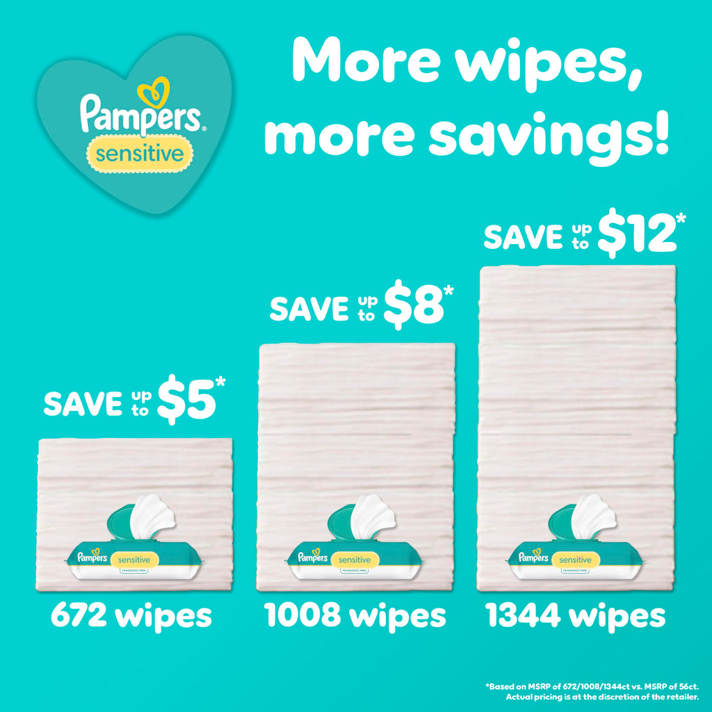 Pampers Sensitive Baby Wipes, Clinically Proven, Fragrance Free, Unscented, Water Based, Hypoallergenic, Multi-Use, Hand Wipes 1008 Wipes Total (18X Flip-Top Packs) [Packaging May Vary]