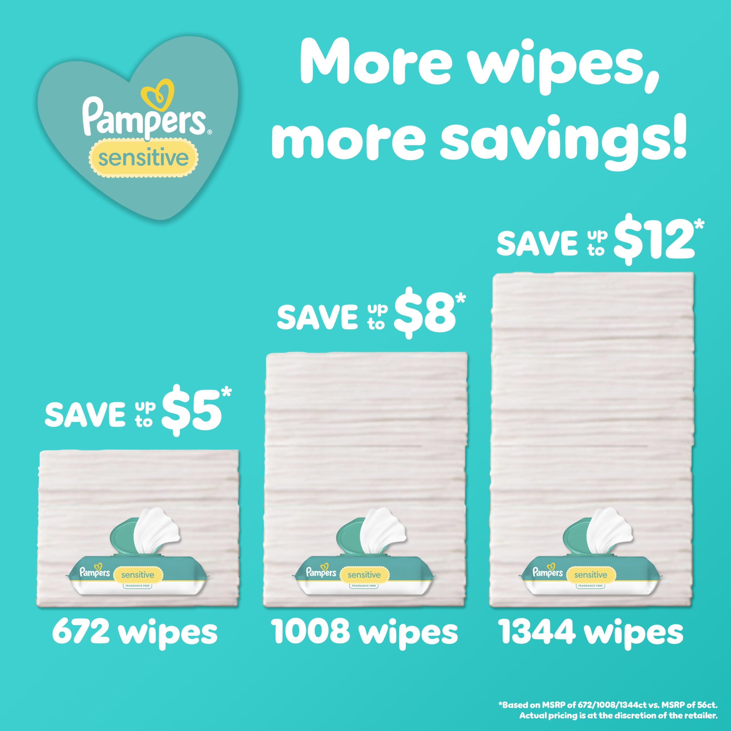Pampers Sensitive Baby Wipes, Clinically Proven, Fragrance Free, Unscented, Water Based, Hypoallergenic, Multi-Use, Hand Wipes 1008 Wipes Total (18X Flip-Top Packs) [Packaging May Vary]