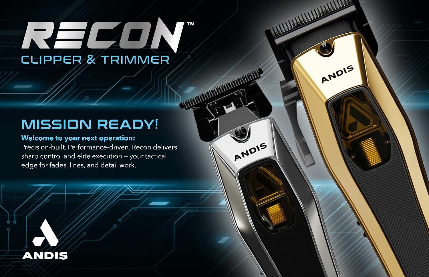 Andis Recon Professional Barber Vector Motor Hair Clipper, Phaze Blade | 9,000 SPM cordless motor, adjusts 0000-0A, 4-hr runtime, USB-C, professional cordless hair clipper