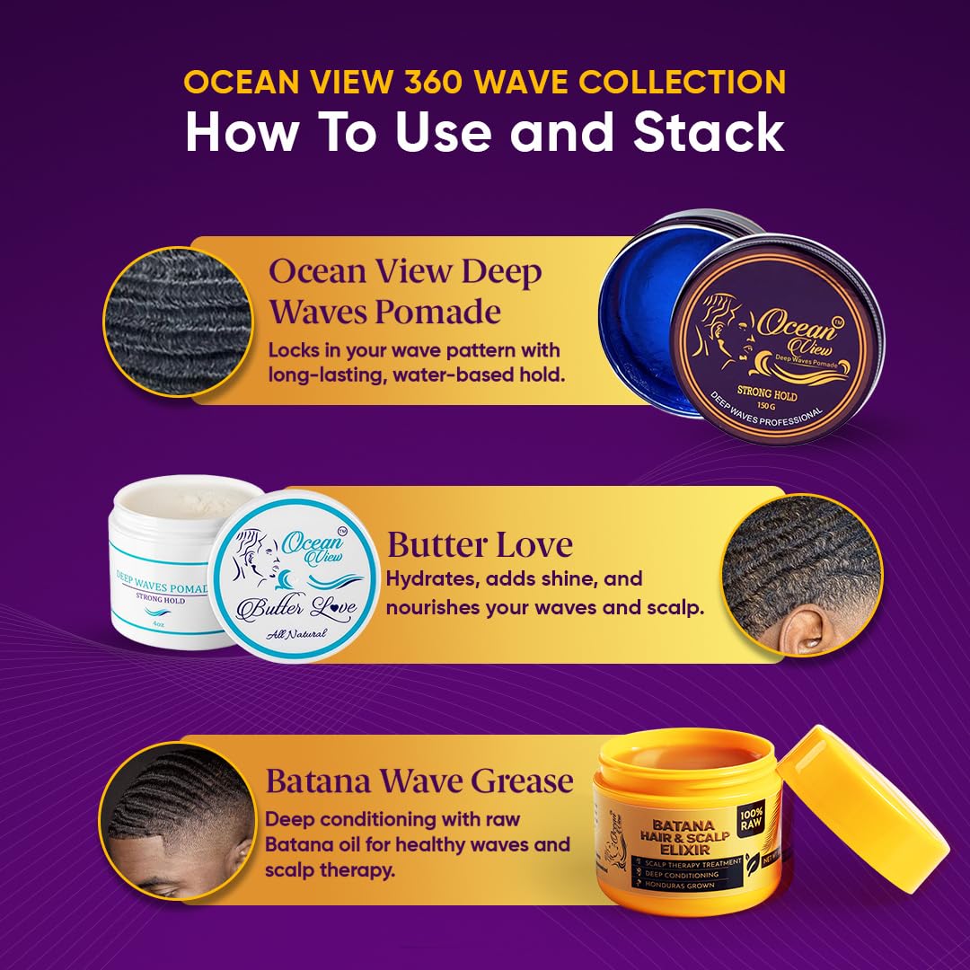 OCEAN VIEW DEEP WAVES POMADE - Premium Wave Grease, Wave Pomade for 360 Waves, Strong Hold Wave Cream for Men, Hydrating Hair Styling Product for Deep, Defined Waves, 4 oz Jar