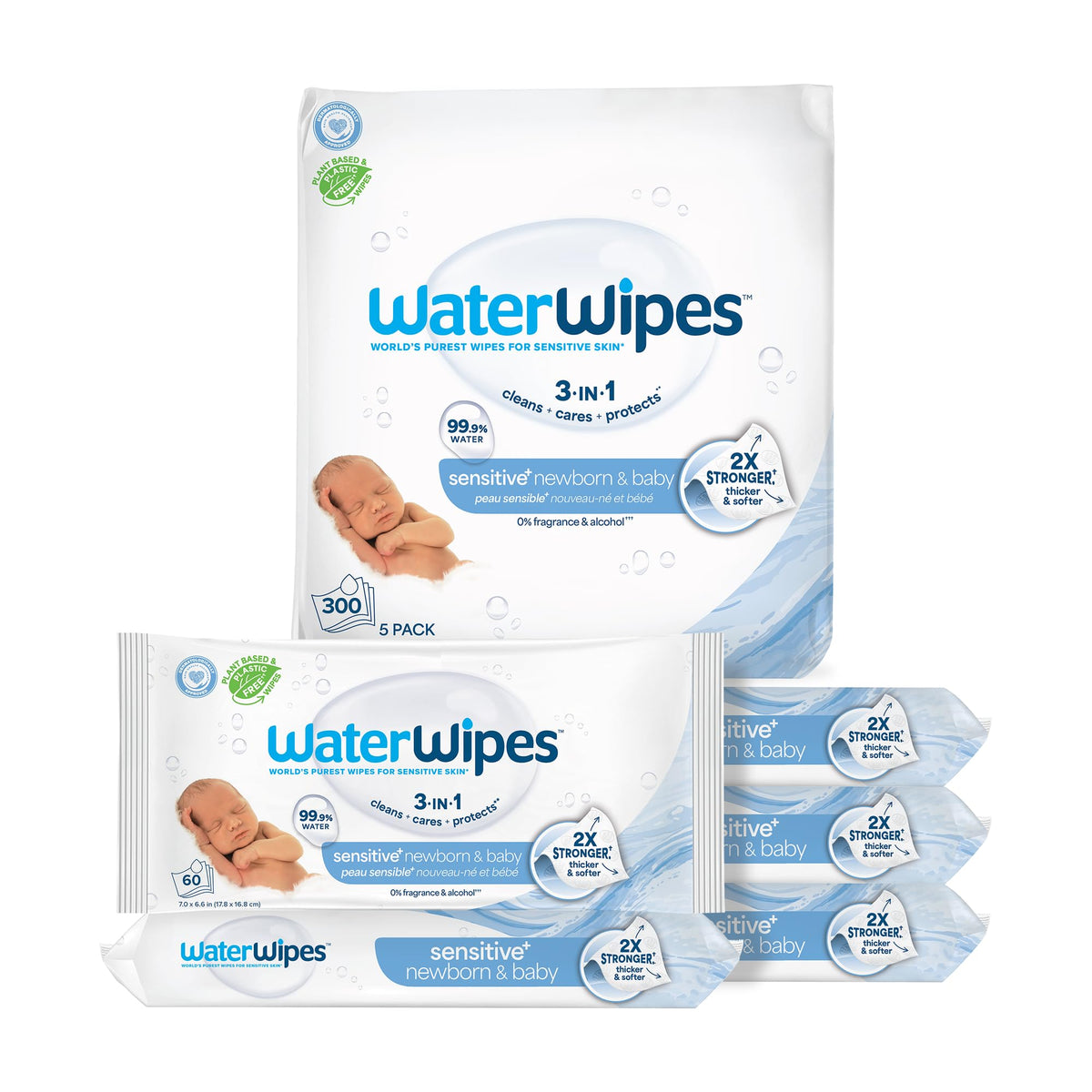 WaterWipes Sensitive+ Newborn & Baby Wipes, 3-In-1 Cleans, Cares, Protects, 99.9% Water, Unscented & Hypoallergenic, 720 Count (12 Packs)