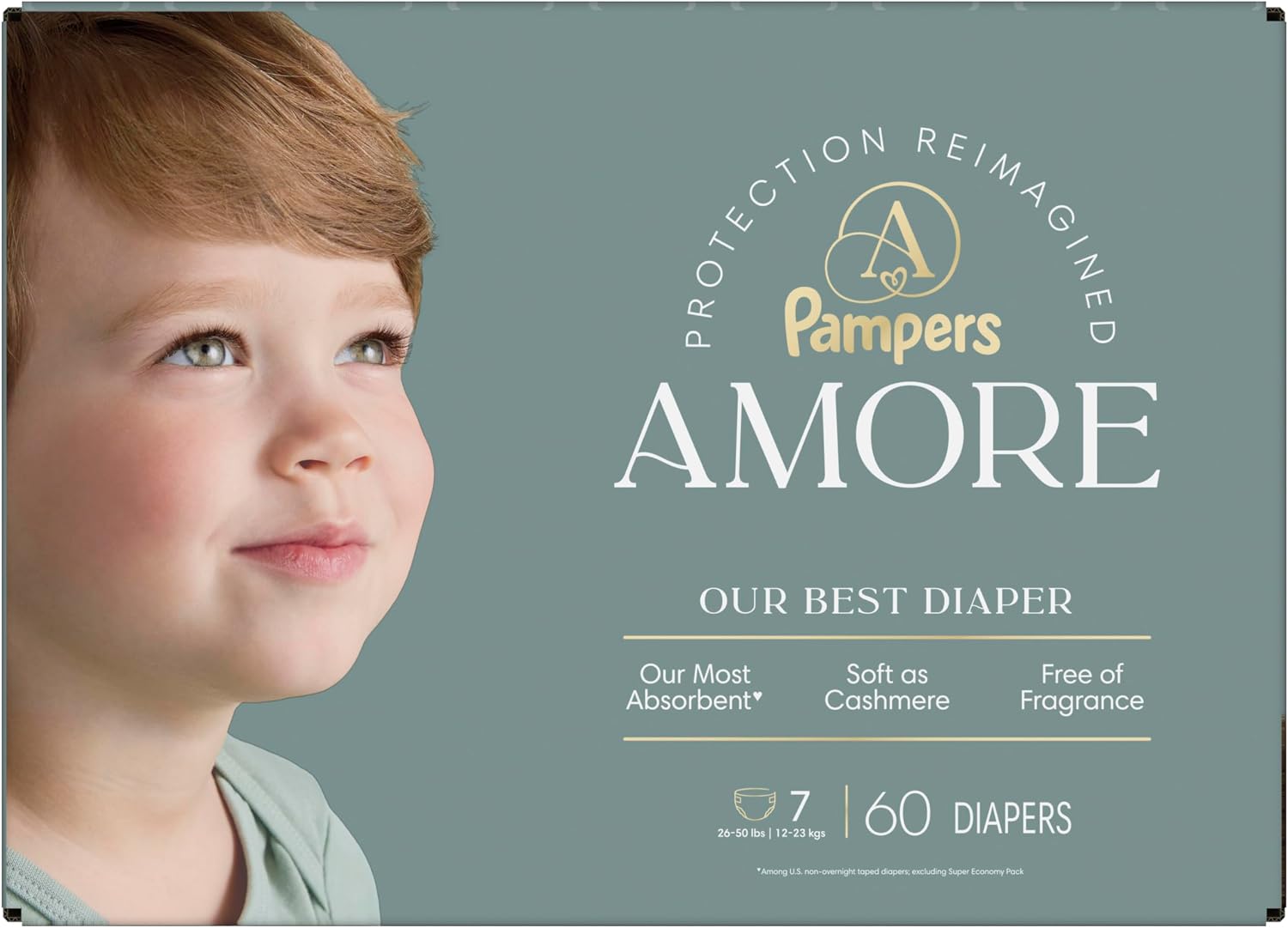 Pampers Amore, Size 4 (15-34 lbs), 150 Count, Our Best Diaper – Hypoallergenic & Fragrance Free, Up to 100% Leakproof, Soft as Cashmere