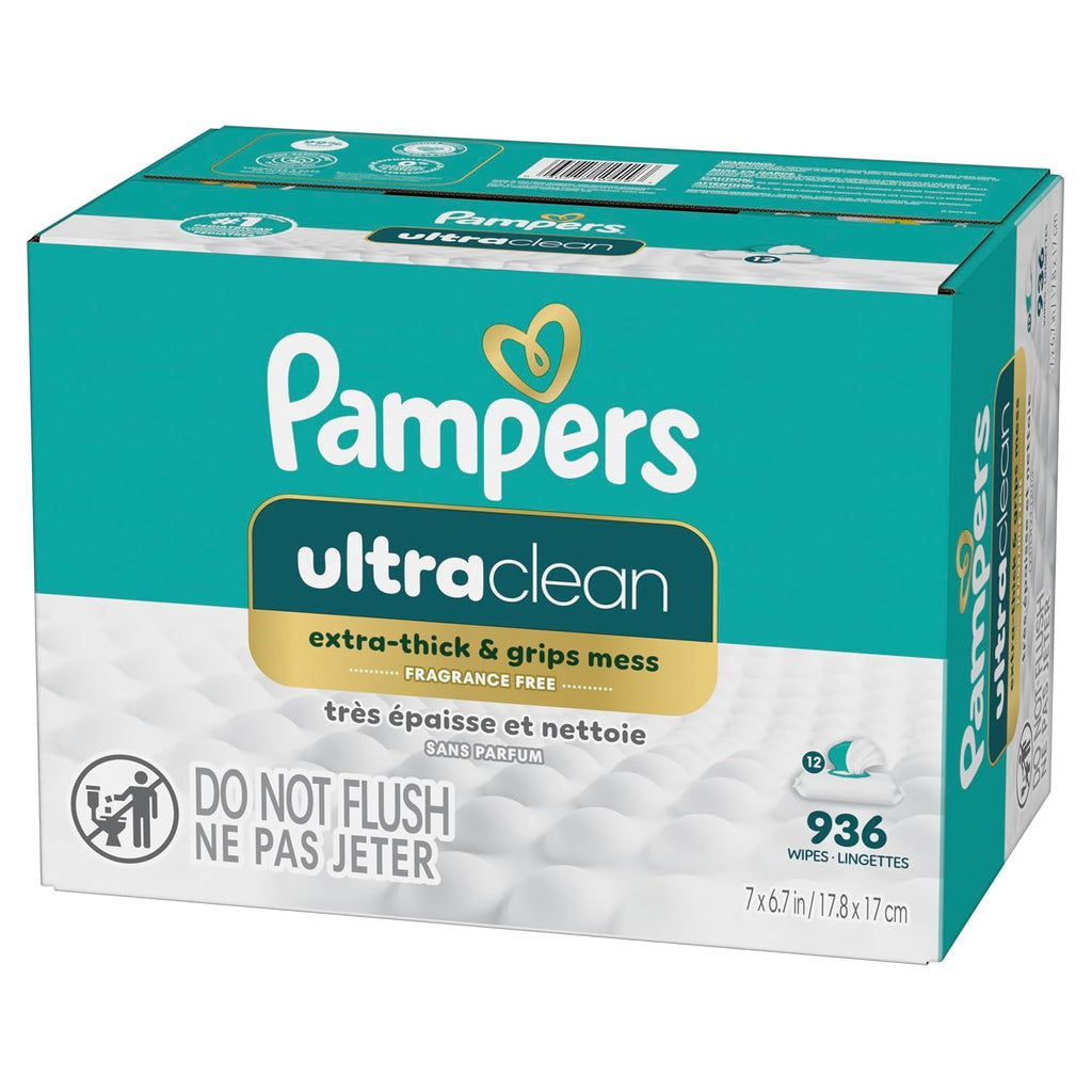 Pampers Ultraclean Baby Wipes (Previously 'Free & Gentle'), 99% Water, Hypoallergenic, Unscented, 100% Plant Based, Plastic-Free, 936 Wipes Total (12X Flip-Top Packs)