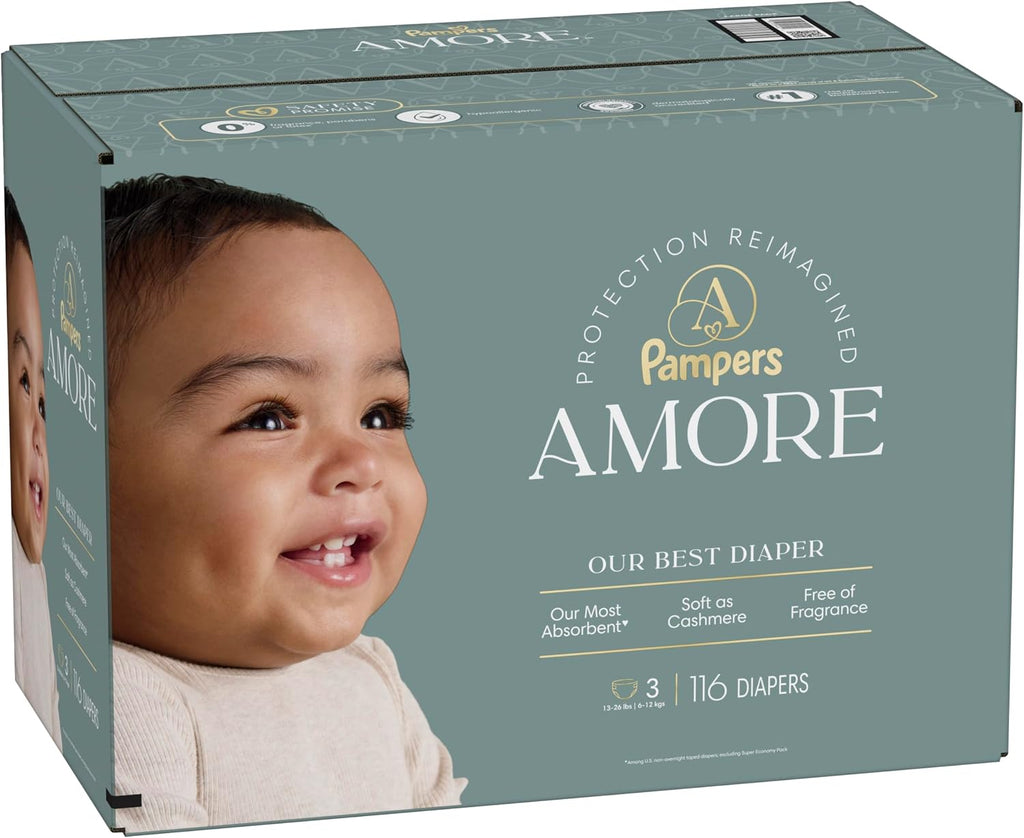 Pampers Amore, Size 4 (15-34 lbs), 150 Count, Our Best Diaper – Hypoallergenic & Fragrance Free, Up to 100% Leakproof, Soft as Cashmere