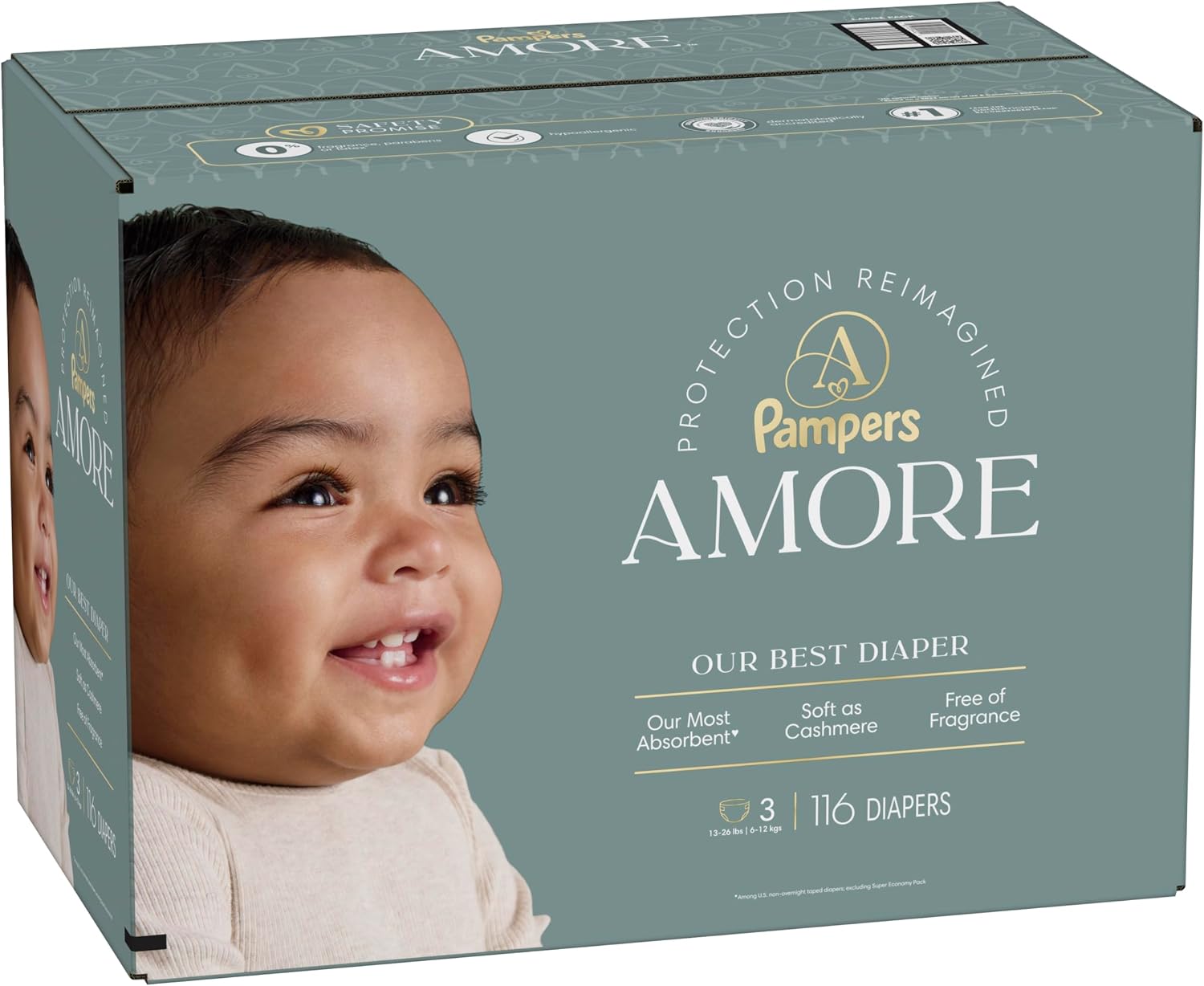 Pampers Amore, Size 4 (15-34 lbs), 150 Count, Our Best Diaper – Hypoallergenic & Fragrance Free, Up to 100% Leakproof, Soft as Cashmere