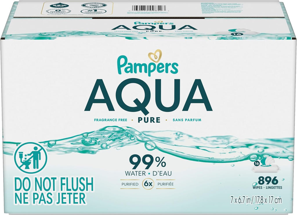 Pampers Aqua Pure Baby Wipes, 99% Water, Fragrance Free, Unscented, Water Based, Multi-Use, 896 Wipes Total (16X Flip-Top Packs) [Packaging May Vary]