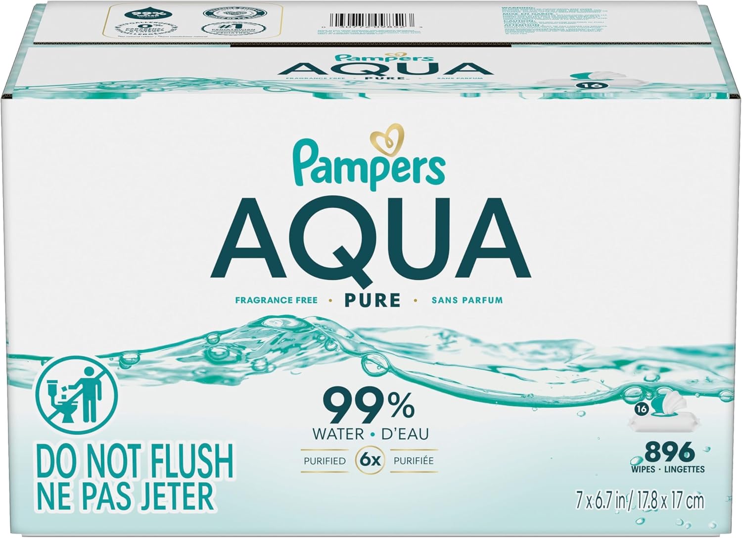 Pampers Aqua Pure Baby Wipes, 99% Water, Fragrance Free, Unscented, Water Based, Multi-Use, 896 Wipes Total (16X Flip-Top Packs) [Packaging May Vary]