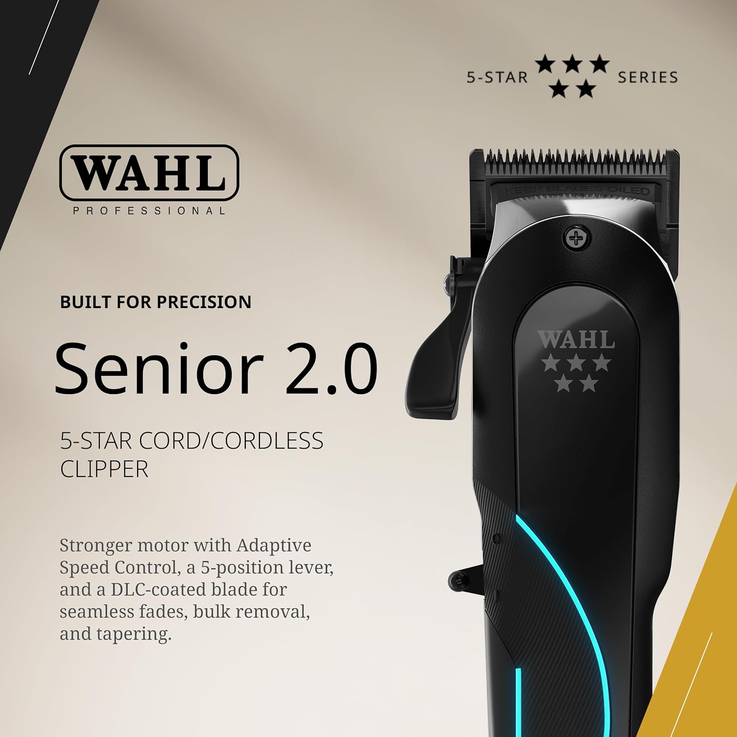 Wahl Professional Senior 2.0 Cordless Clipper, DLC Blade, Model 3027984 | 8000 RPM Brushless Motor with Adaptive Speed, 5-Click Taper Lever, 150 Min Runtime, Fast-Charging Single Power Station