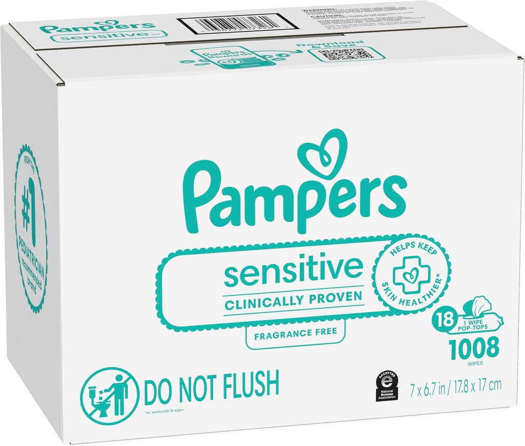 Pampers Sensitive Baby Wipes, Clinically Proven, Fragrance Free, Unscented, Water Based, Hypoallergenic, Multi-Use, Hand Wipes 1008 Wipes Total (18X Flip-Top Packs) [Packaging May Vary]