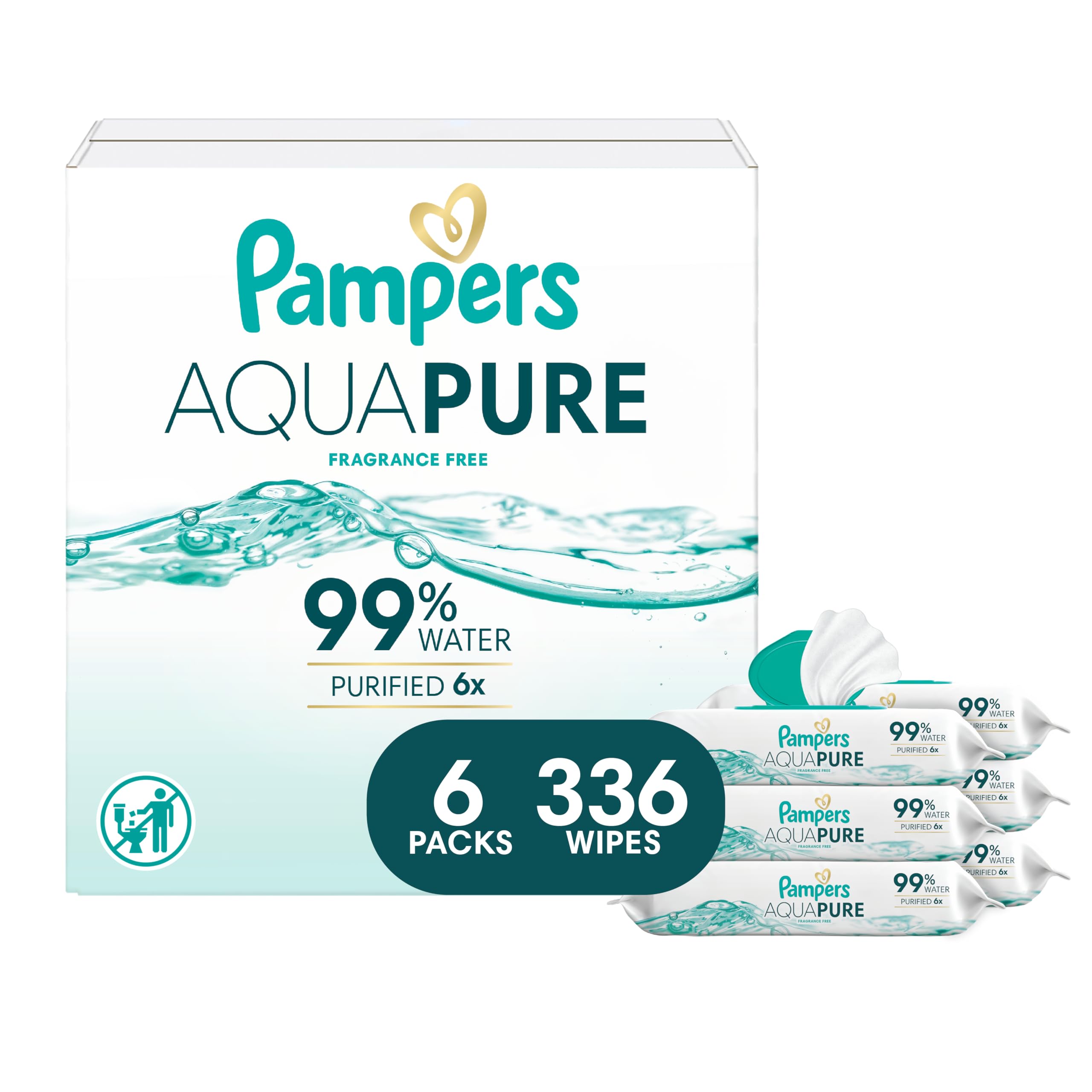 Pampers Aqua Pure Baby Wipes, 99% Water, Fragrance Free, Unscented, Water Based, Multi-Use, 896 Wipes Total (16X Flip-Top Packs) [Packaging May Vary]