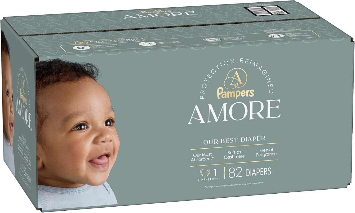 Pampers Amore, Size 4 (15-34 lbs), 150 Count, Our Best Diaper – Hypoallergenic & Fragrance Free, Up to 100% Leakproof, Soft as Cashmere