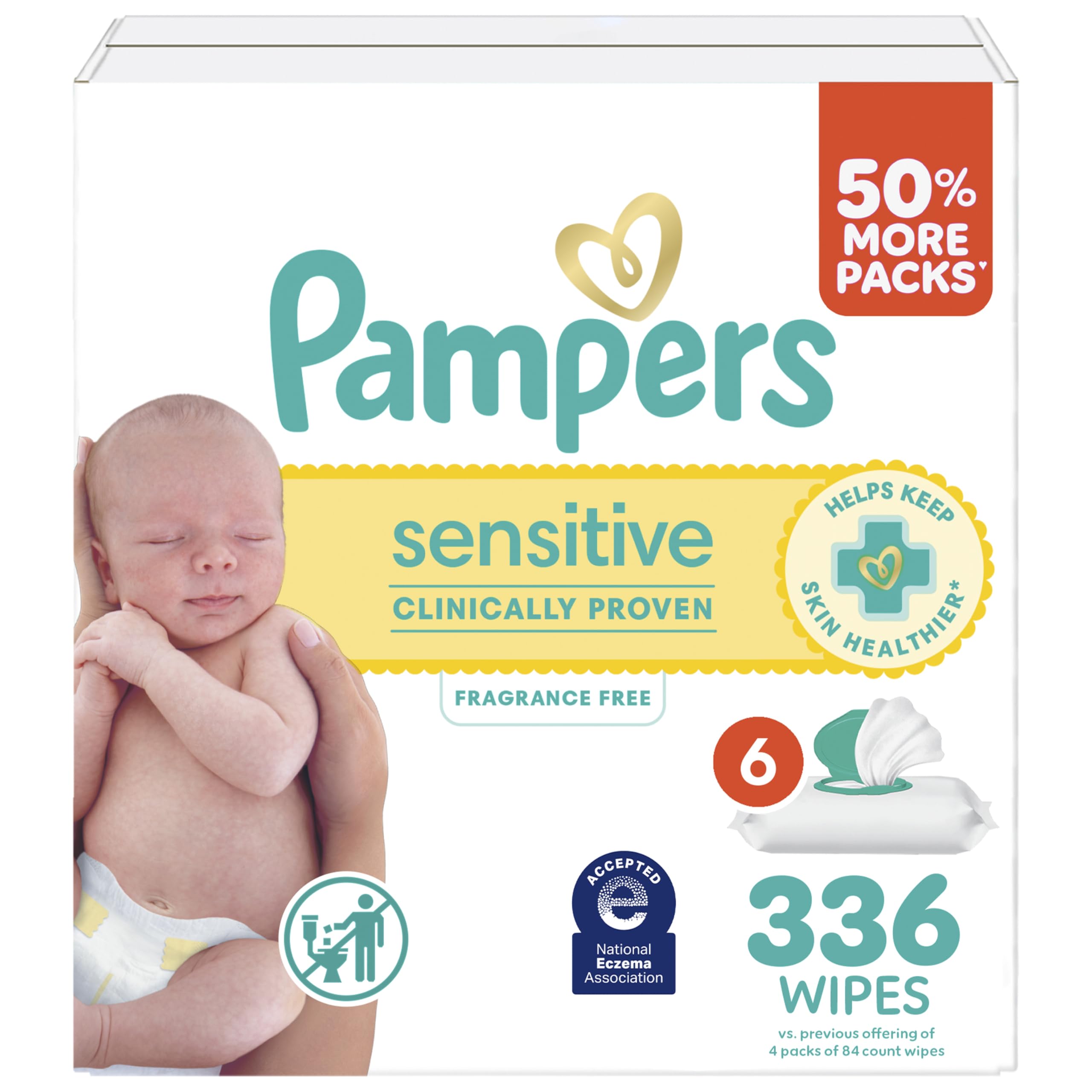 Pampers Sensitive Baby Wipes, Clinically Proven, Fragrance Free, Unscented, Water Based, Hypoallergenic, Multi-Use, Hand Wipes 1008 Wipes Total (18X Flip-Top Packs) [Packaging May Vary]