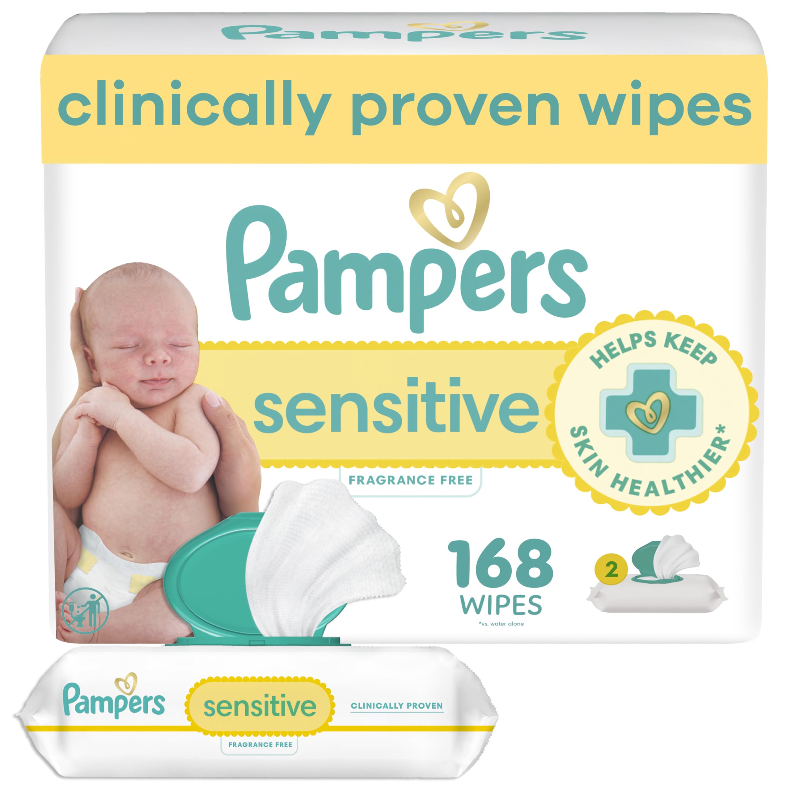 Pampers Sensitive Baby Wipes, Clinically Proven, Fragrance Free, Unscented, Water Based, Hypoallergenic, Multi-Use, Hand Wipes 1008 Wipes Total (18X Flip-Top Packs) [Packaging May Vary]