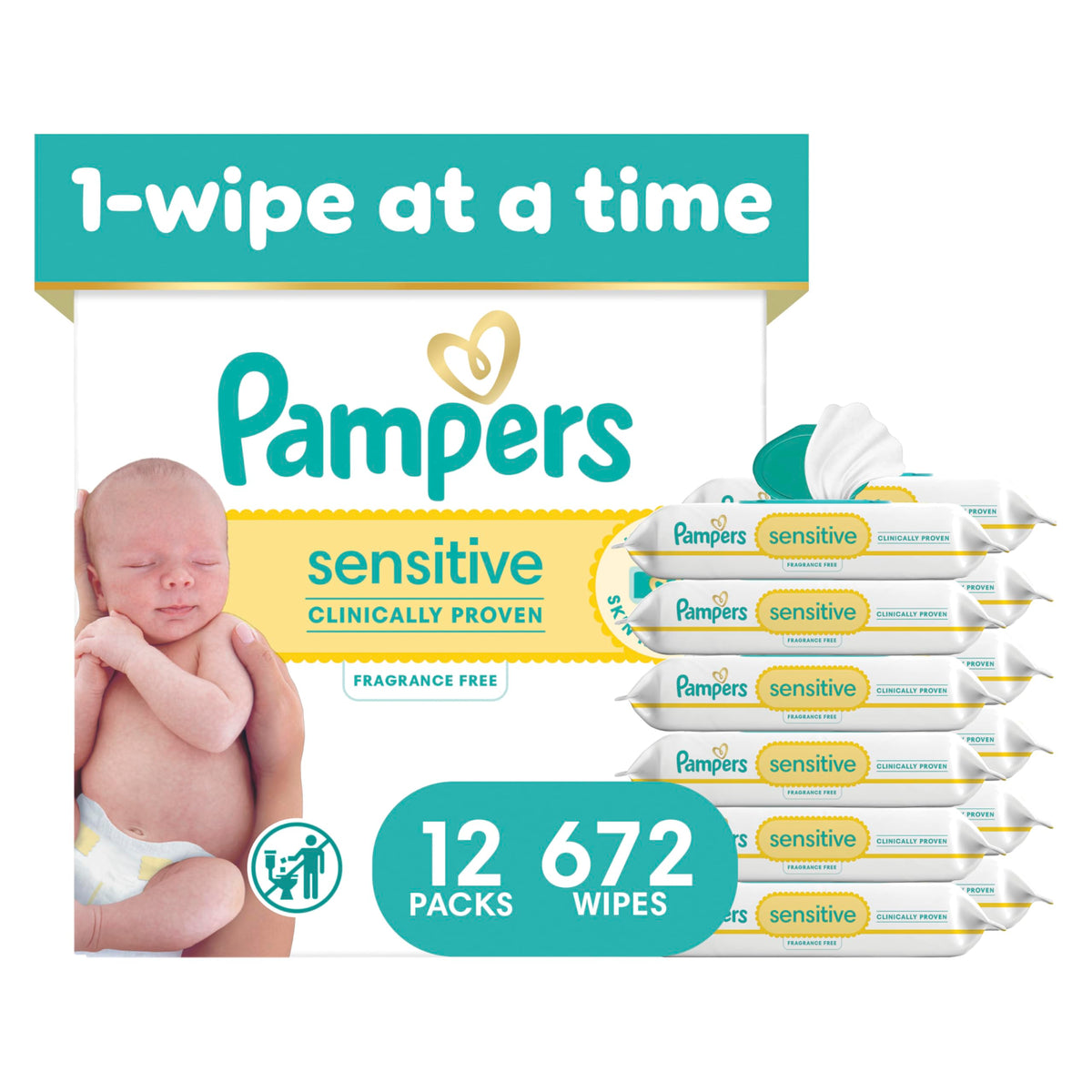 Pampers Sensitive Baby Wipes, Unscented, Fragrance Free, Clinically Proven, Water Based, Hypoallergenic, Multi-Use, Hand Wipes, 1008 Wipes Total (18X Flip-Top Packs)
