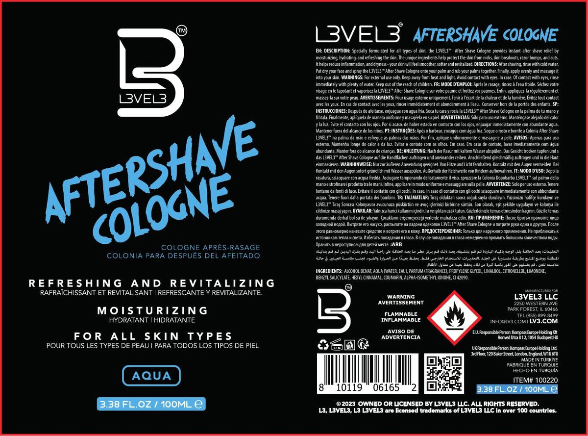L3 Level 3 Aftershave Cologne Spray for Men, Aqua, 13.5 fl oz