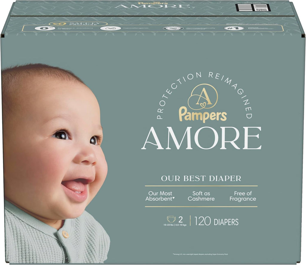 Pampers Amore, Size 4 (15-34 lbs), 150 Count, Our Best Diaper – Hypoallergenic & Fragrance Free, Up to 100% Leakproof, Soft as Cashmere