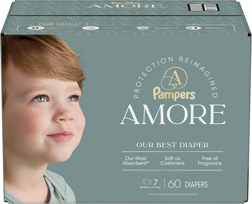 Pampers Amore, Size 4 (15-34 lbs), 150 Count, Our Best Diaper – Hypoallergenic & Fragrance Free, Up to 100% Leakproof, Soft as Cashmere