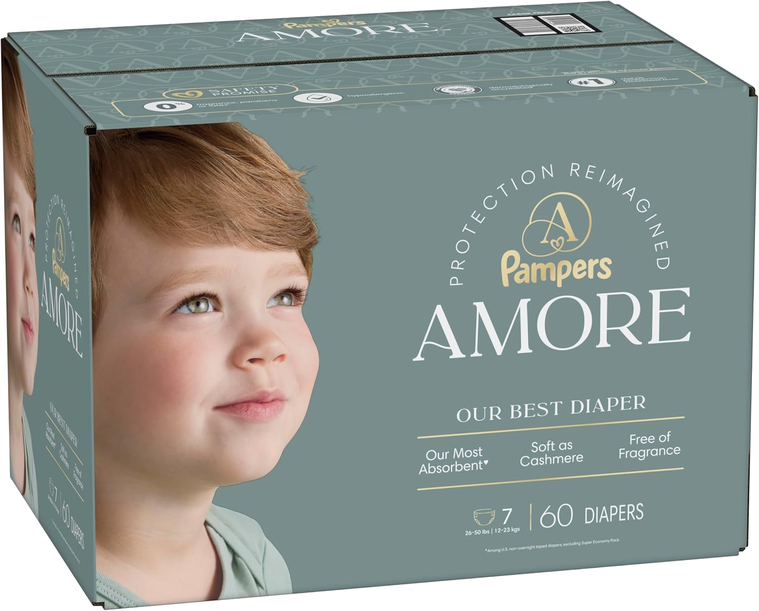 Pampers Amore, Size 4 (15-34 lbs), 150 Count, Our Best Diaper – Hypoallergenic & Fragrance Free, Up to 100% Leakproof, Soft as Cashmere