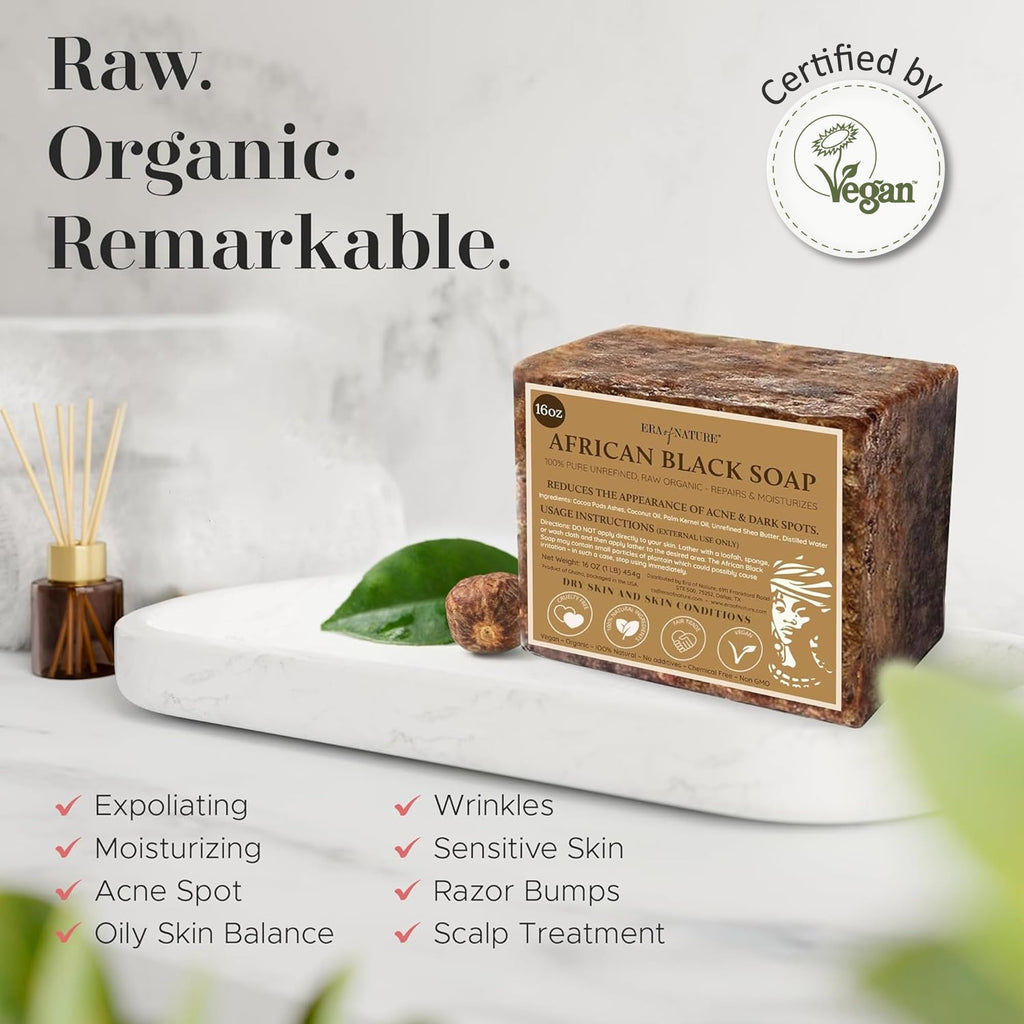 era of nature Best Raw ORGANIC AFRICAN BLACK SOAP, for Dry Skin and Skin Conditions. Pure & Natural Ingredients, Imported From Ghana - 8oz