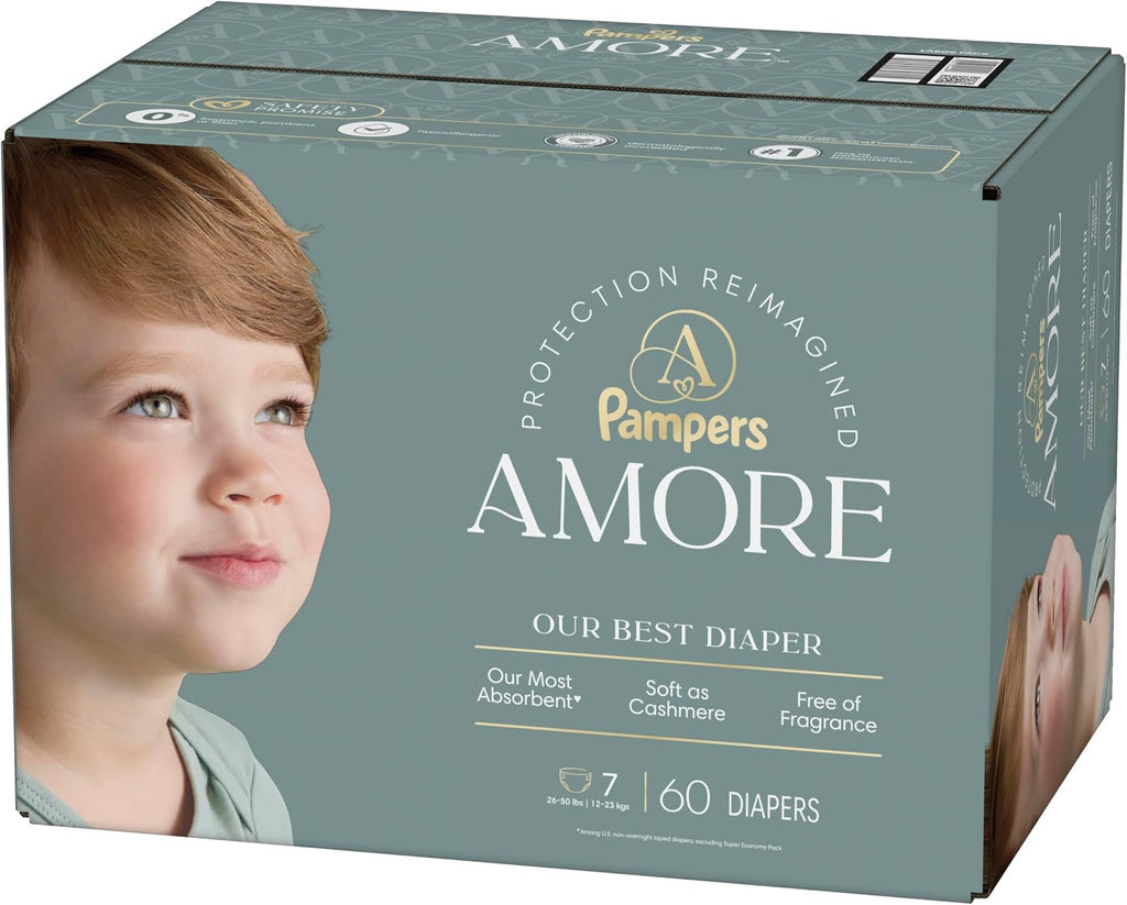Pampers Amore, Size 4 (15-34 lbs), 150 Count, Our Best Diaper – Hypoallergenic & Fragrance Free, Up to 100% Leakproof, Soft as Cashmere